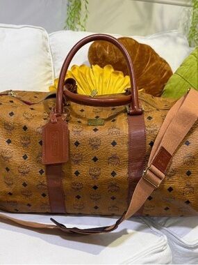MCM Cognac Monogram Weekend Duffel with Brown Leather Trim